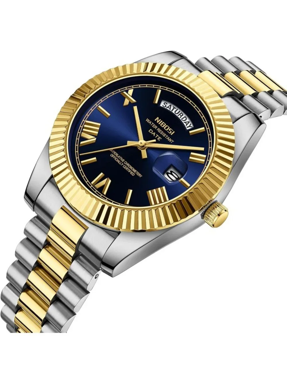 Nibosi Men's Silver Gold Analog Quartz Blue Face Waterproof Desiger Wrist Watch